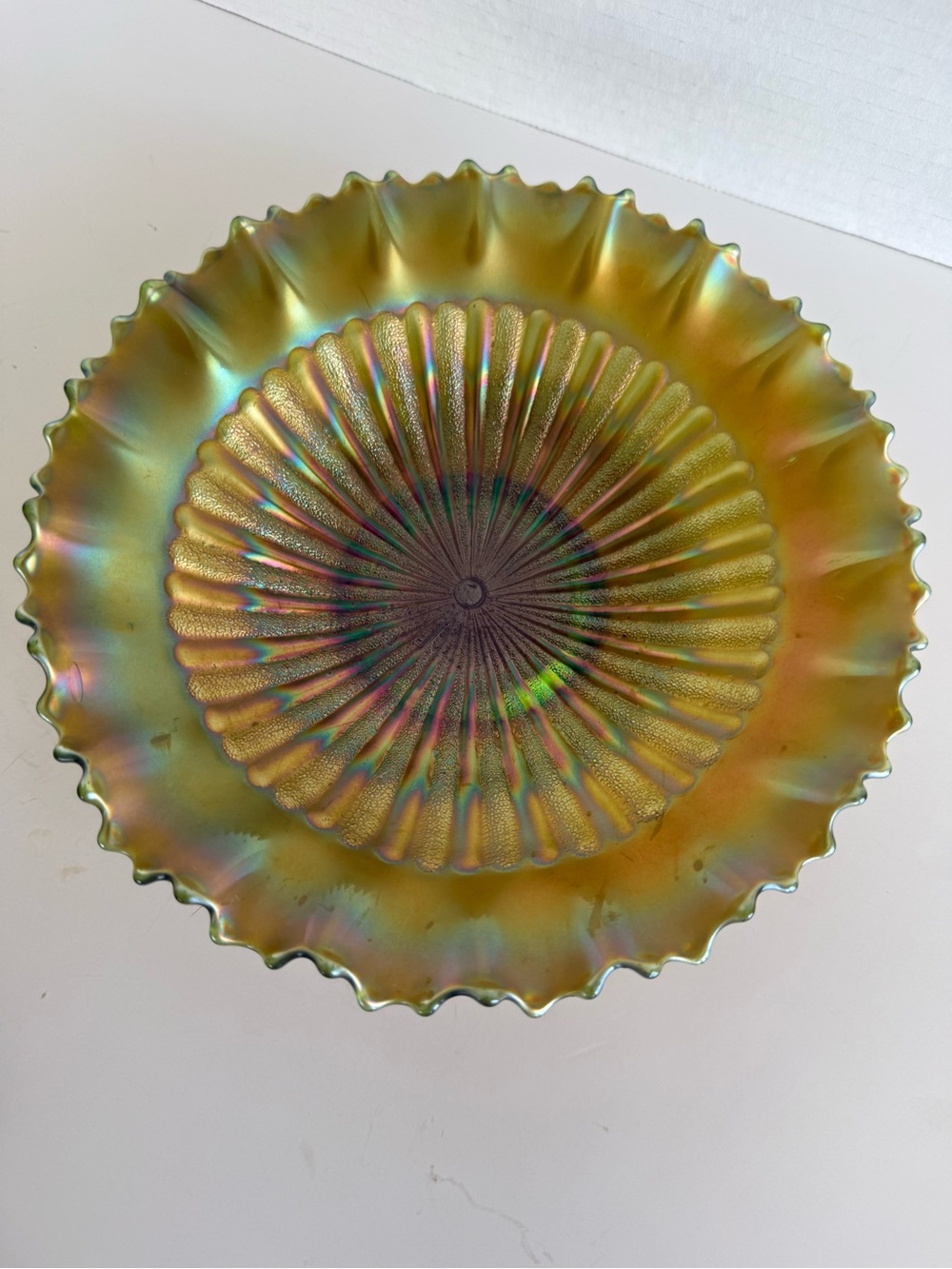 Signed Northwood Green Carnival Glass Ruffled Bowl Stippled Rays Antique 1900s